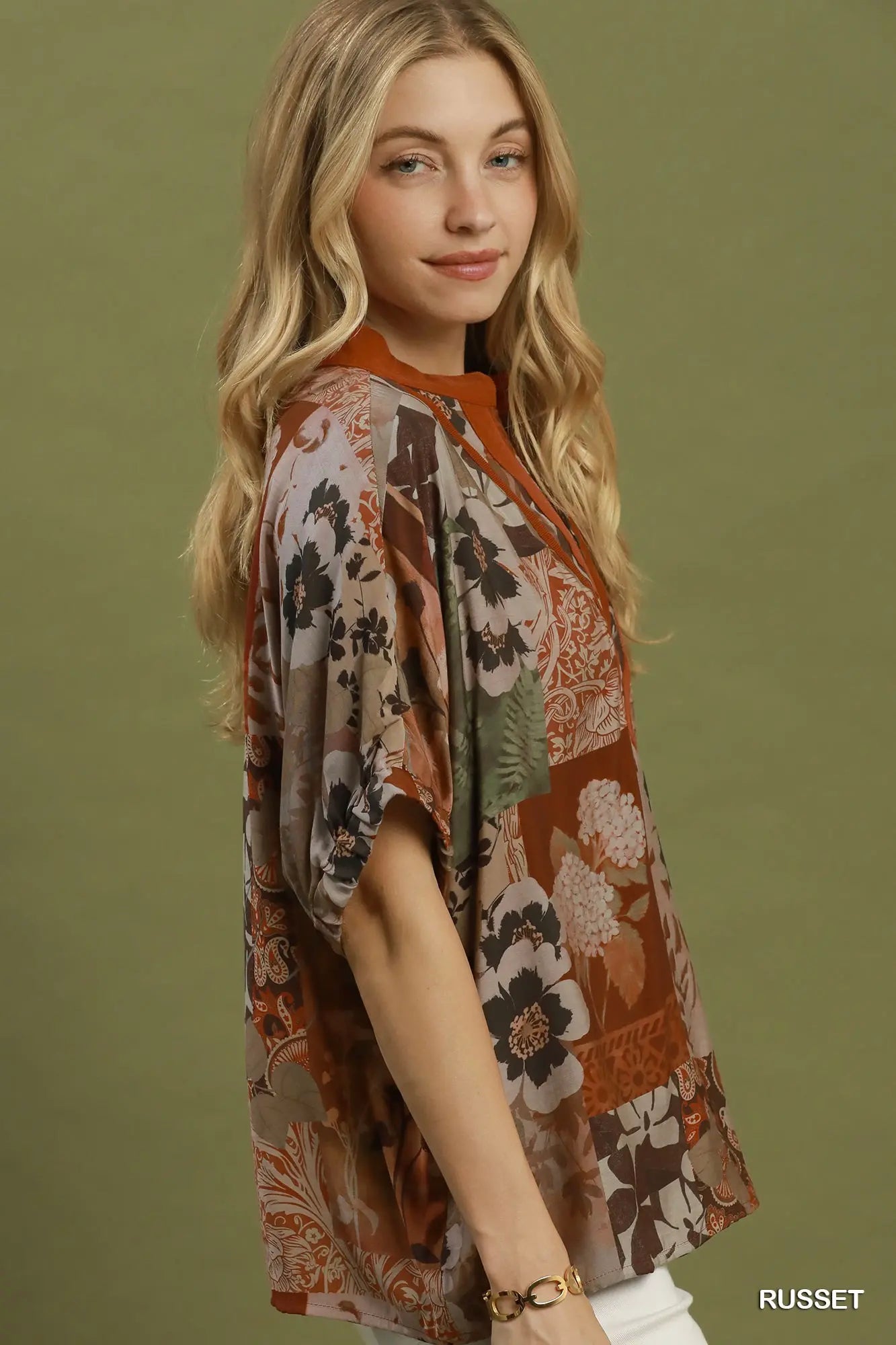 Mixed Floral Patchwork Print Contrast V-Neck Top