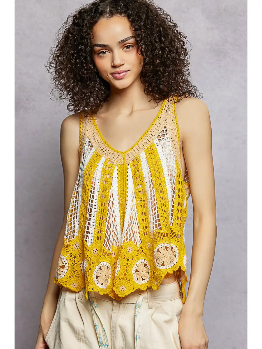 V-Neck Sleeveless Scalloped Edge Stripe Border Crochet Top