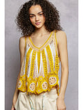 V-Neck Sleeveless Scalloped Edge Stripe Border Crochet Top