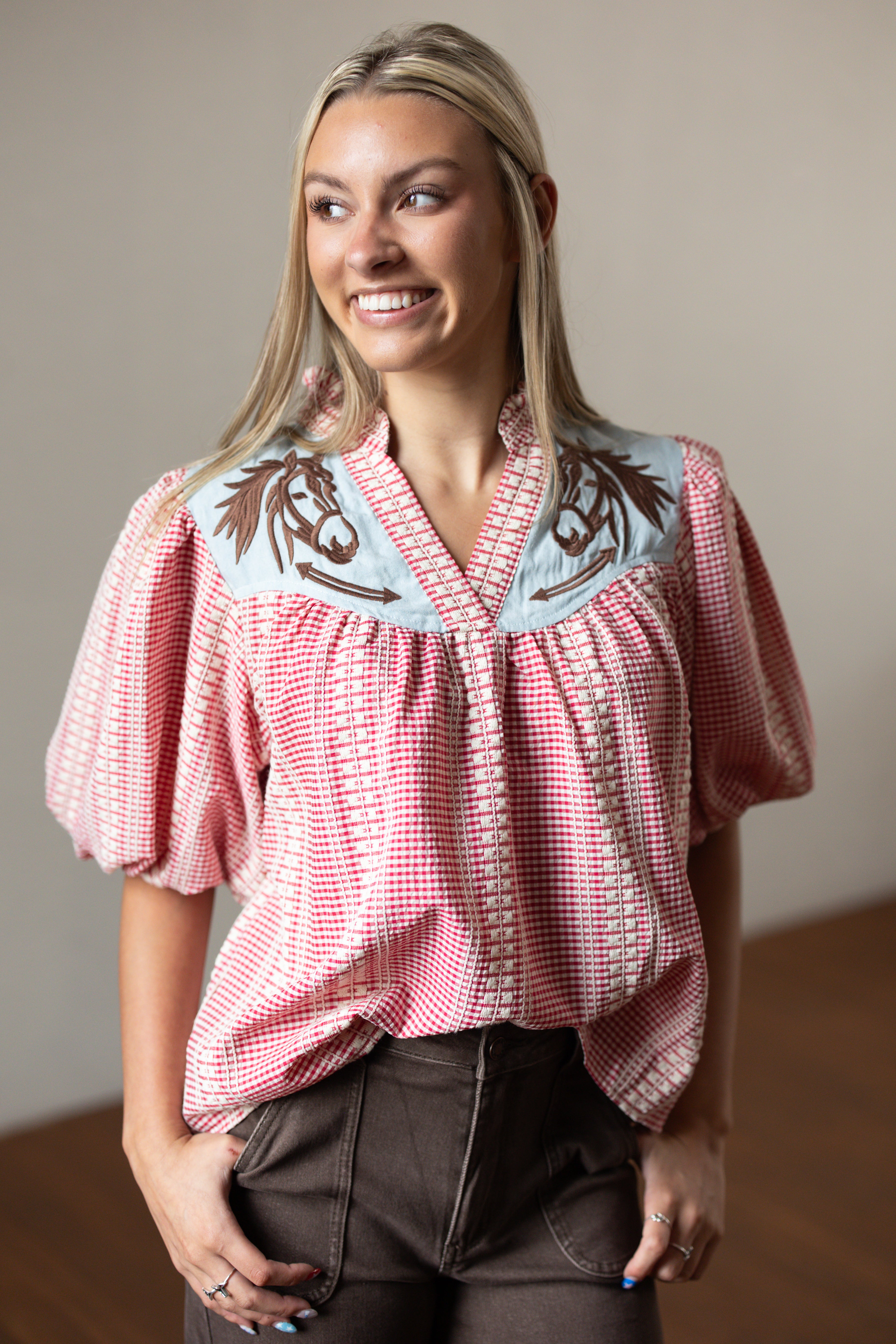 Embroidered Puff Sleeve Gingham Top