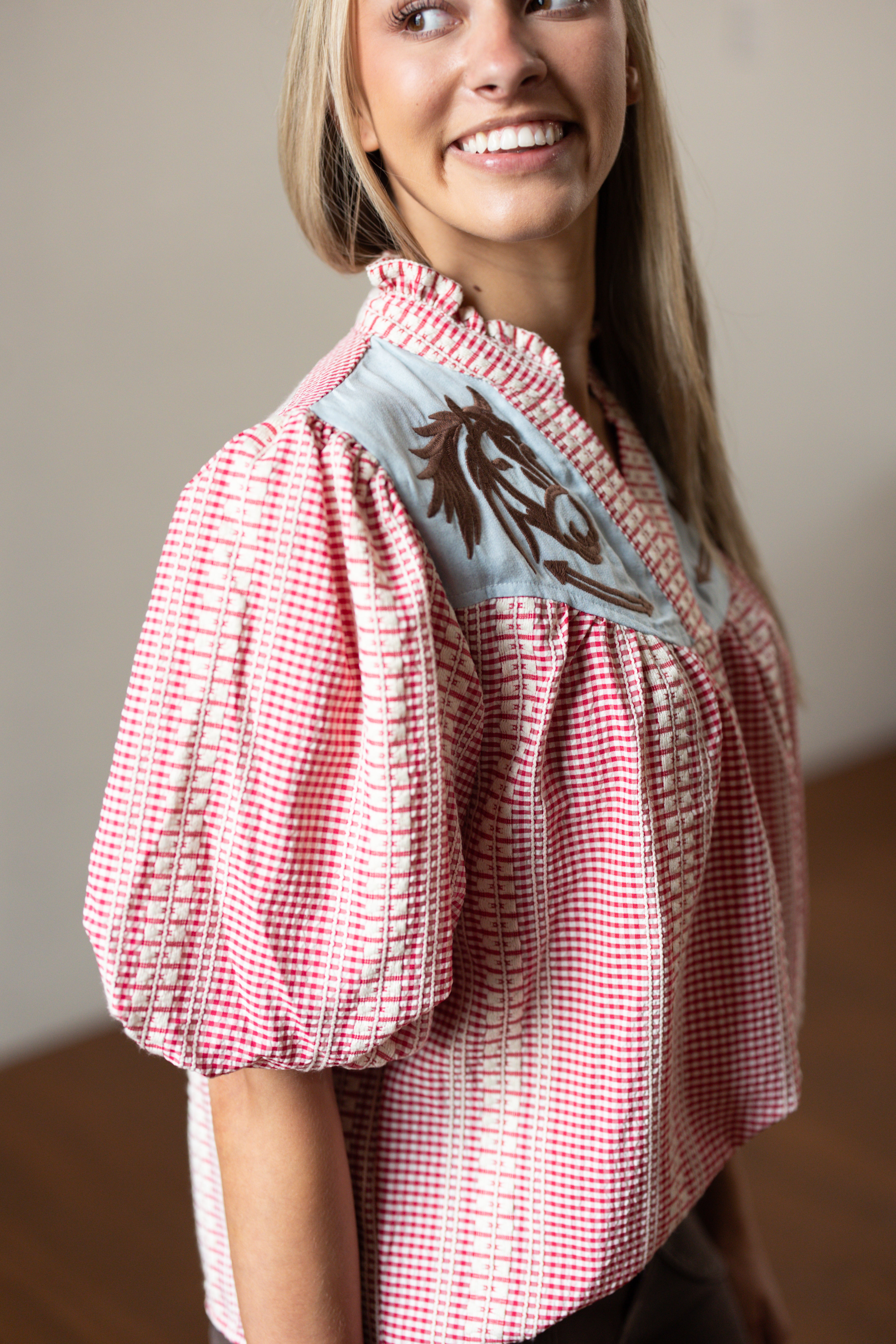 Embroidered Puff Sleeve Gingham Top