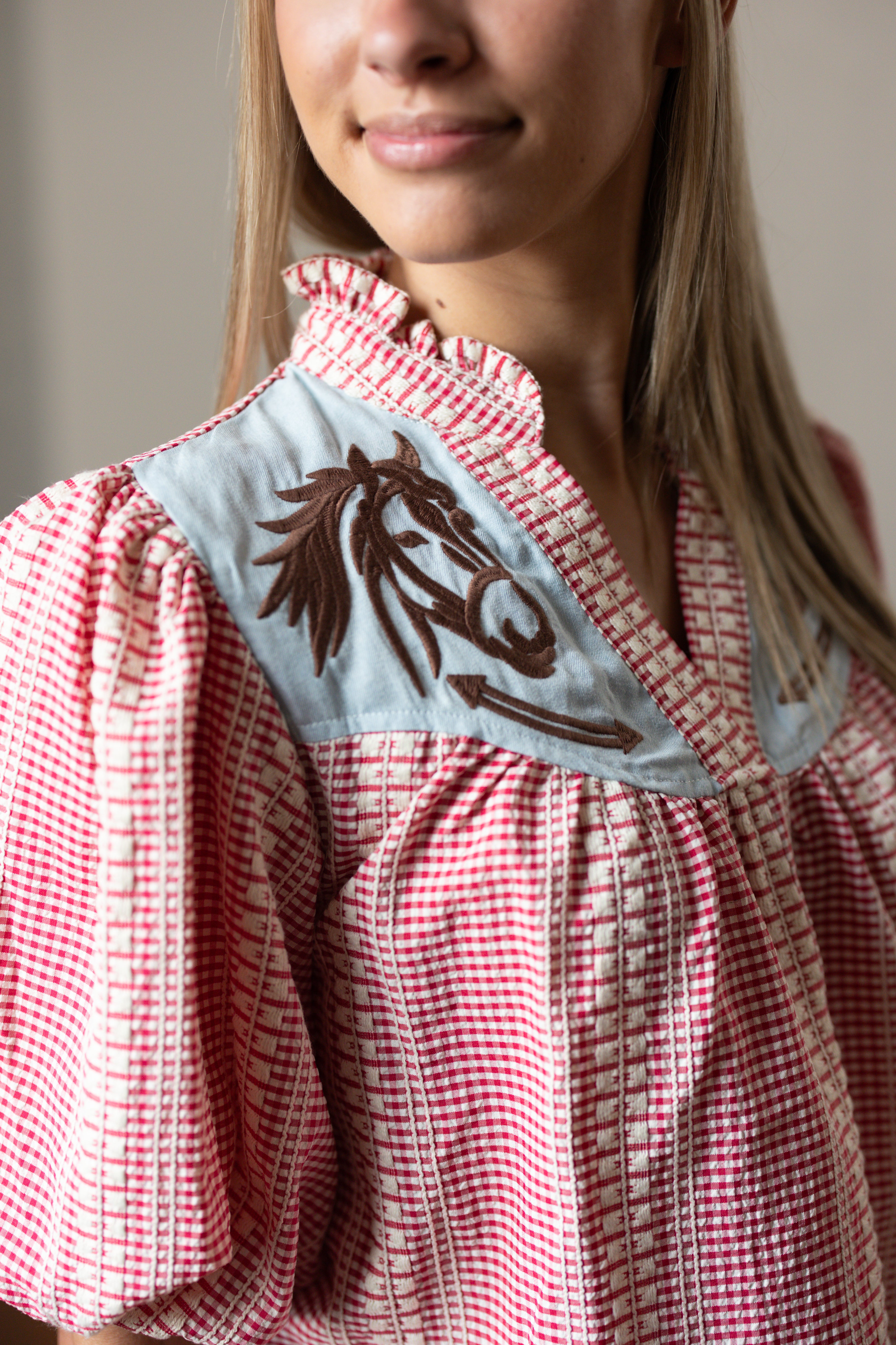 Embroidered Puff Sleeve Gingham Top