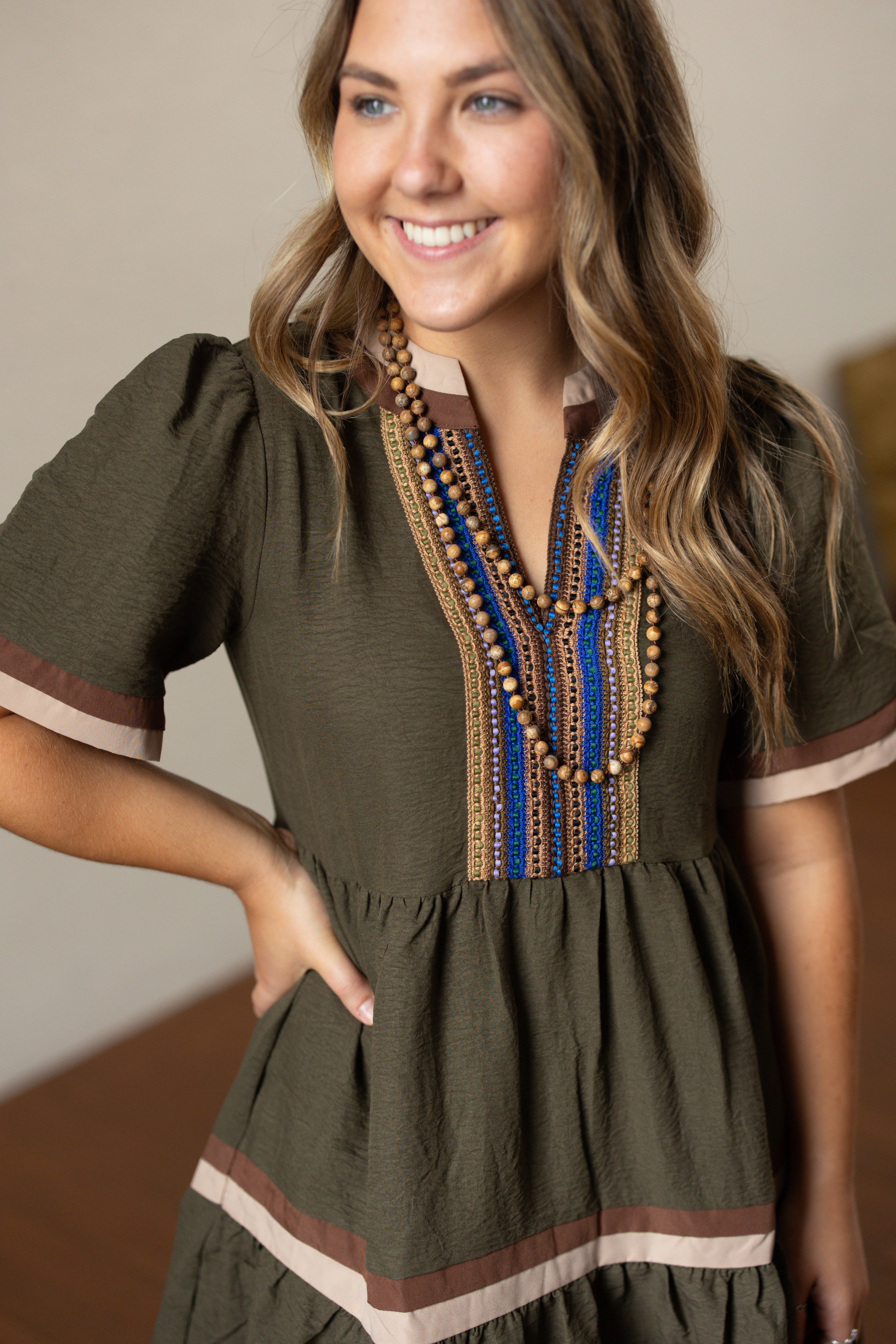 Multicolored Trim V-neck Dress