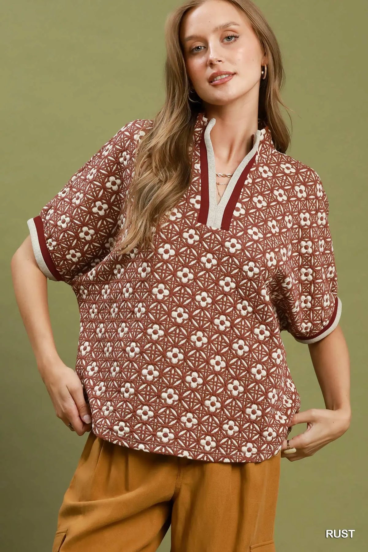 Jacquard Floral Textured Contrast Trim Pullover Top
