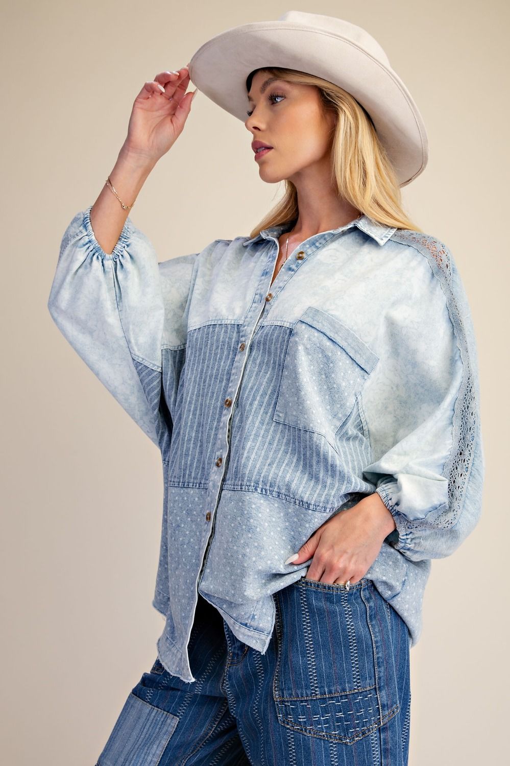 Mixed Print Washed Chambray Woven Shirt