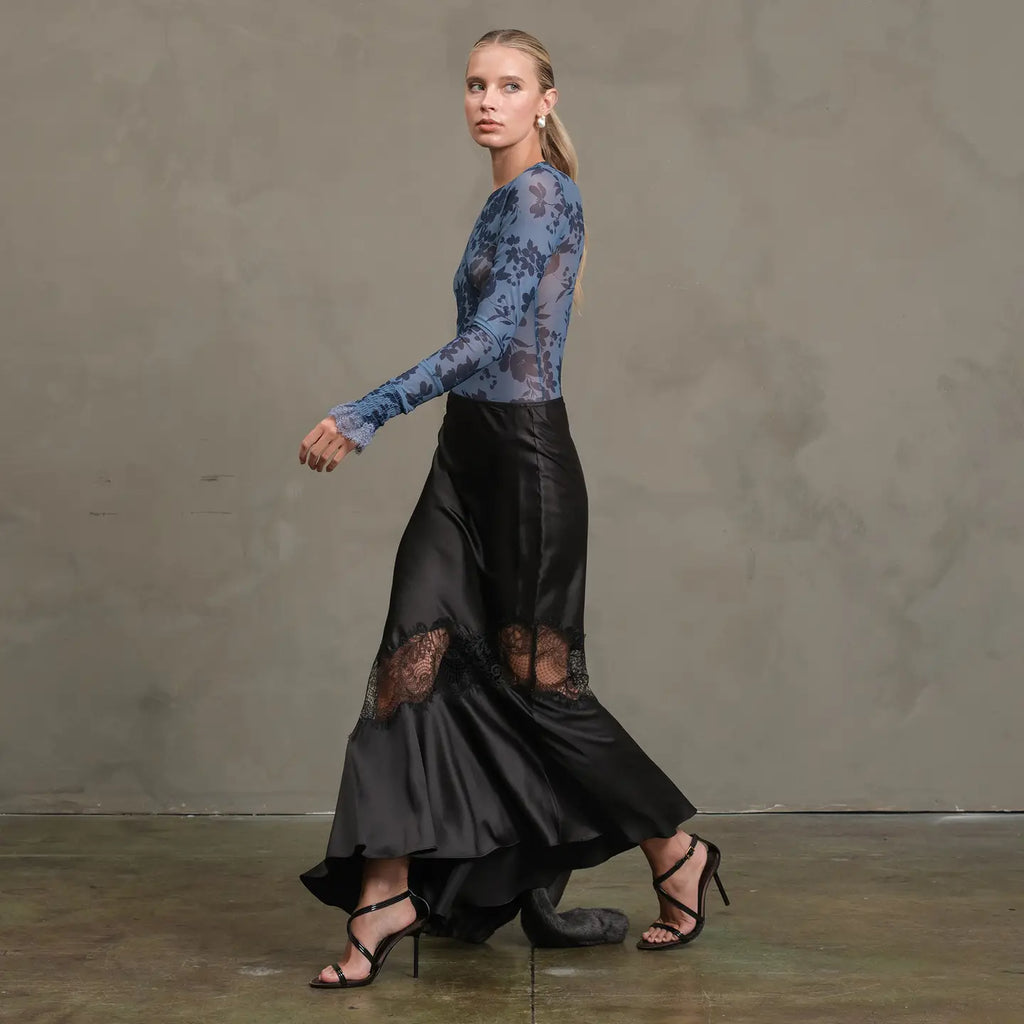 Satin Bias Lace Panel Skirt