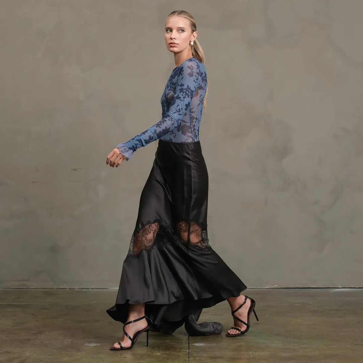 Satin Bias Lace Panel Skirt