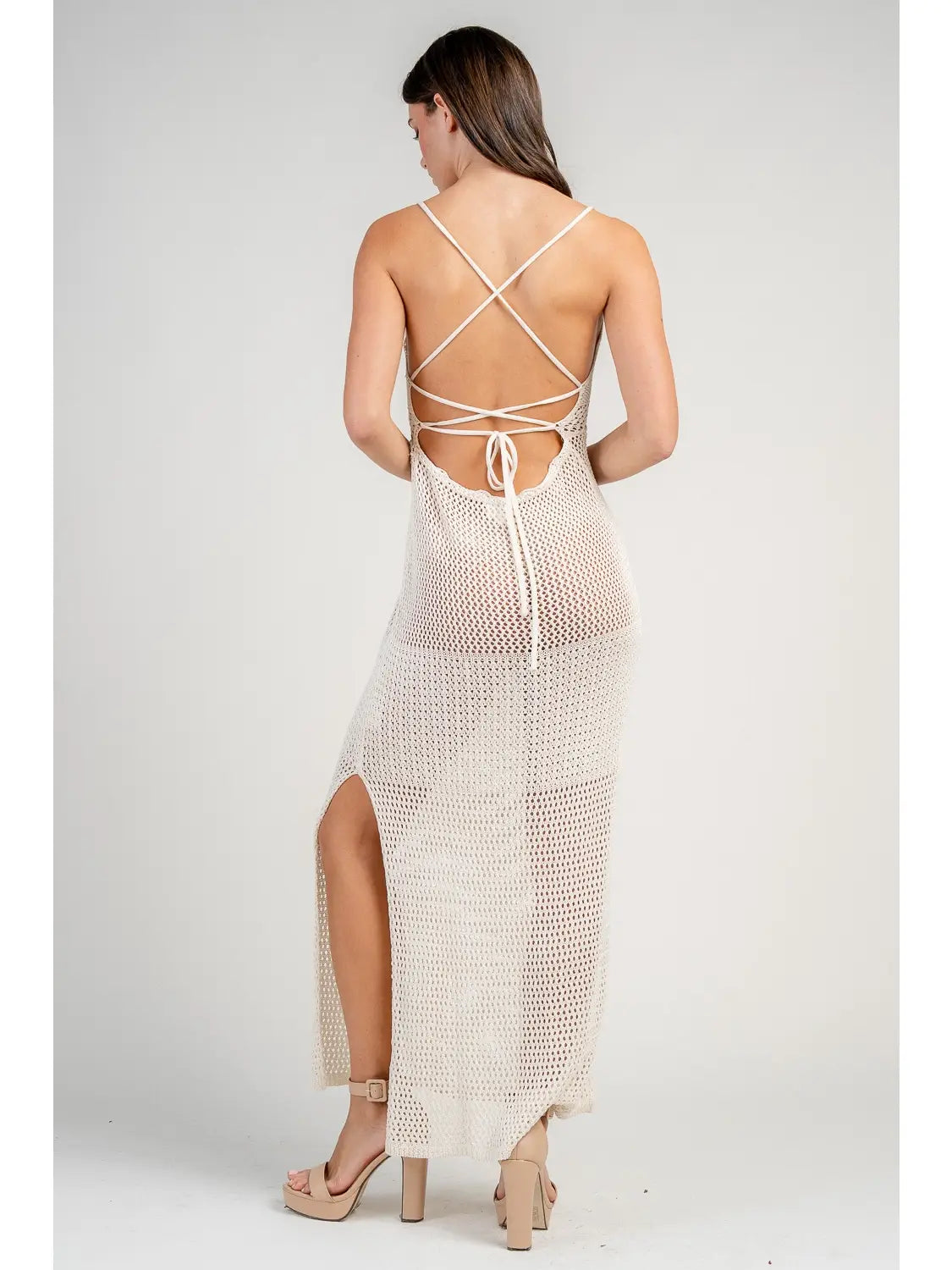 Deep V-Neck Knit Crochet Dress