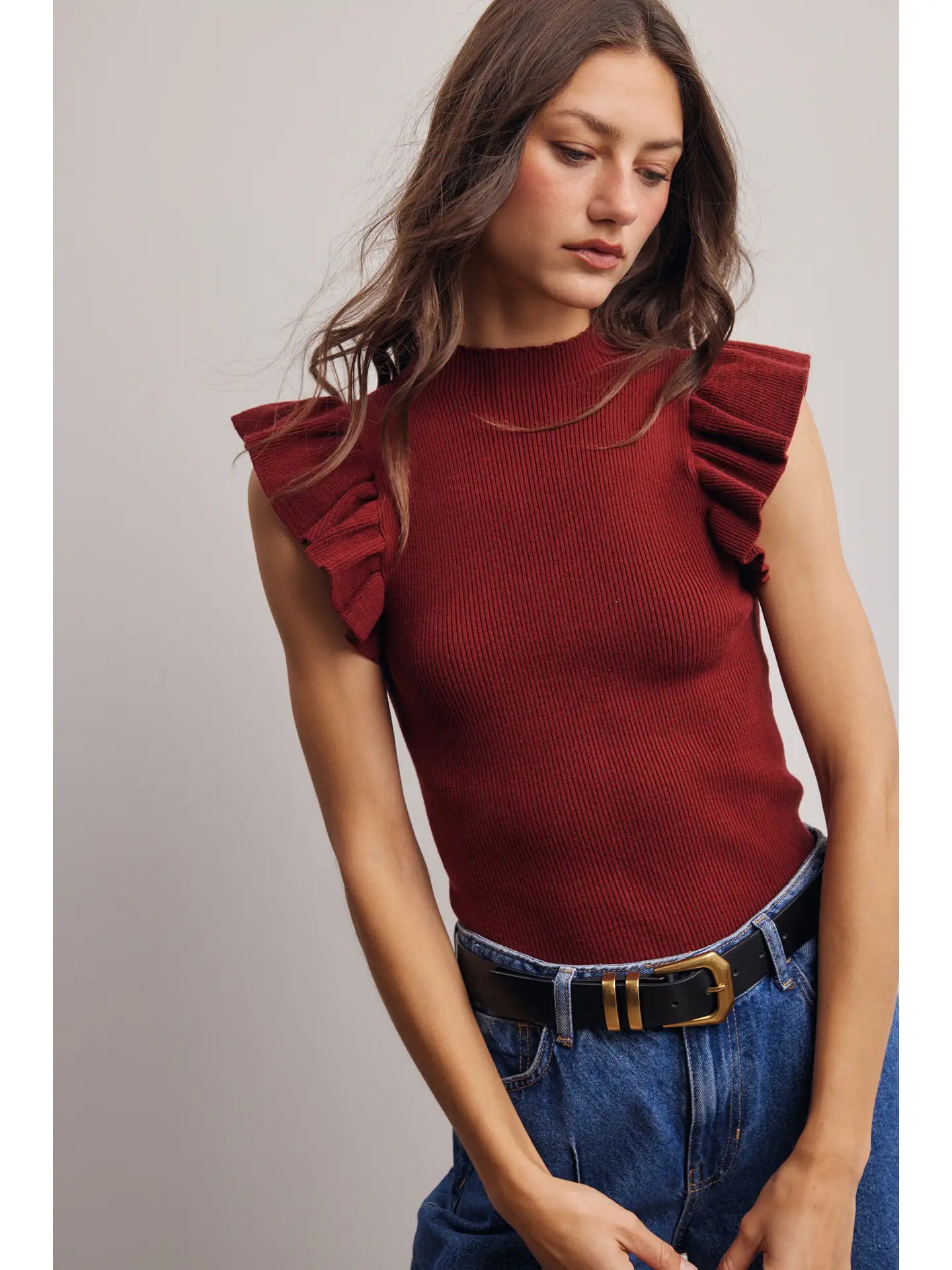 Ruffle Sleeve Rib Knit Top