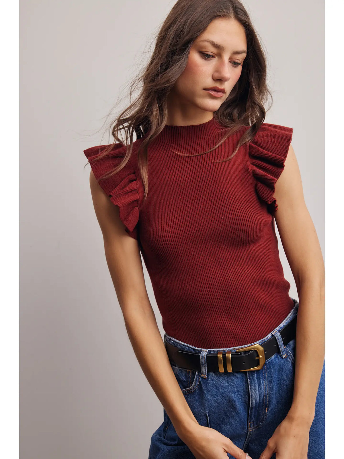 Ruffle Sleeve Rib Knit Top