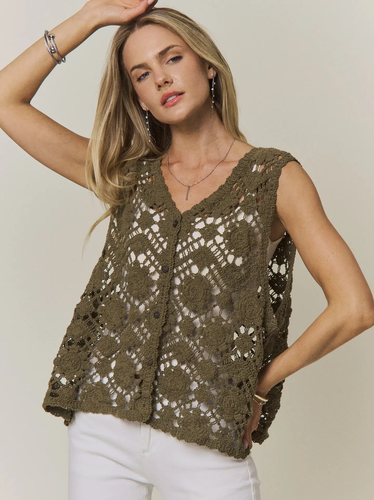 Boho Crochet Knit Button Vest Top