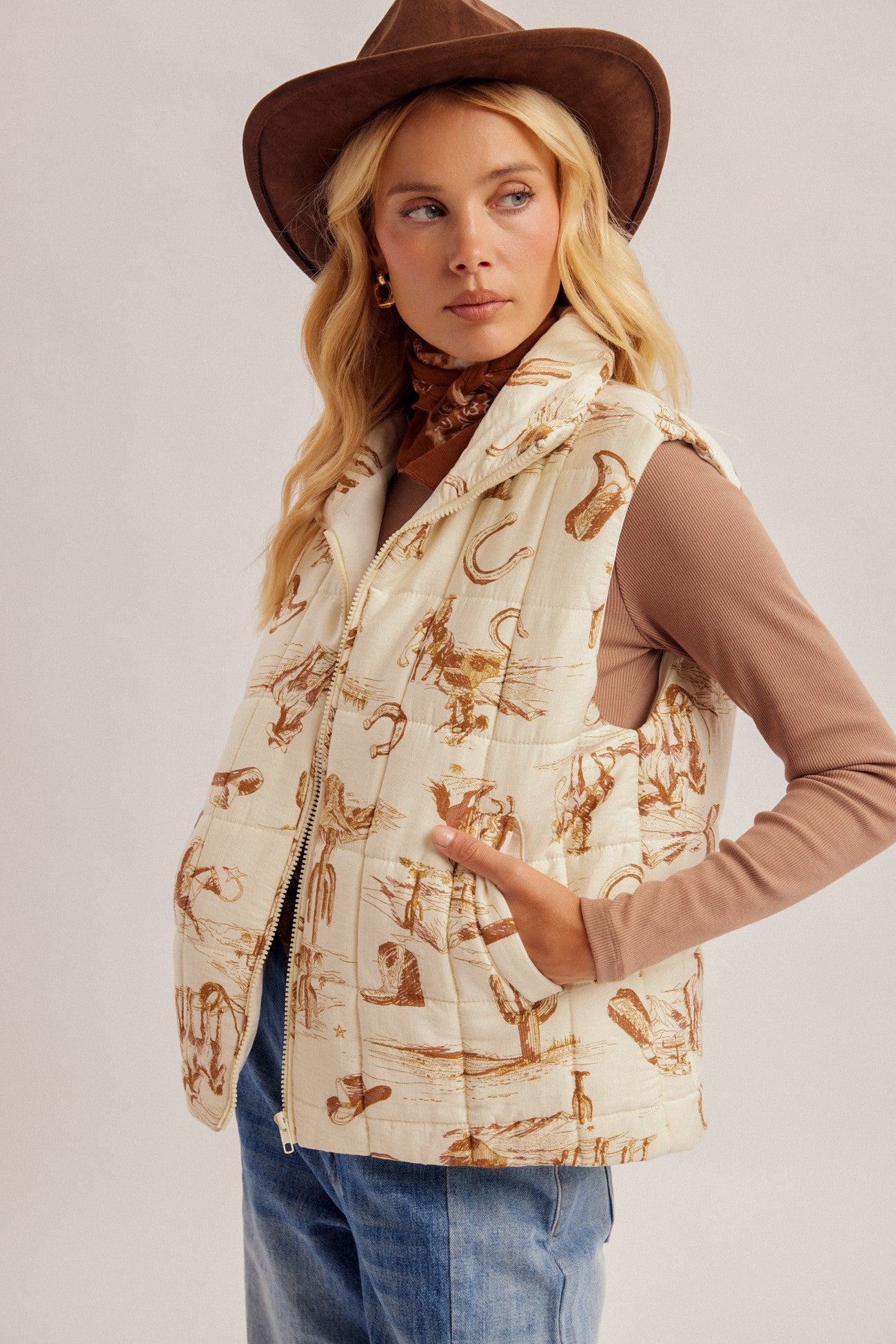 Zip Up Cowboy Print Puffer Vest