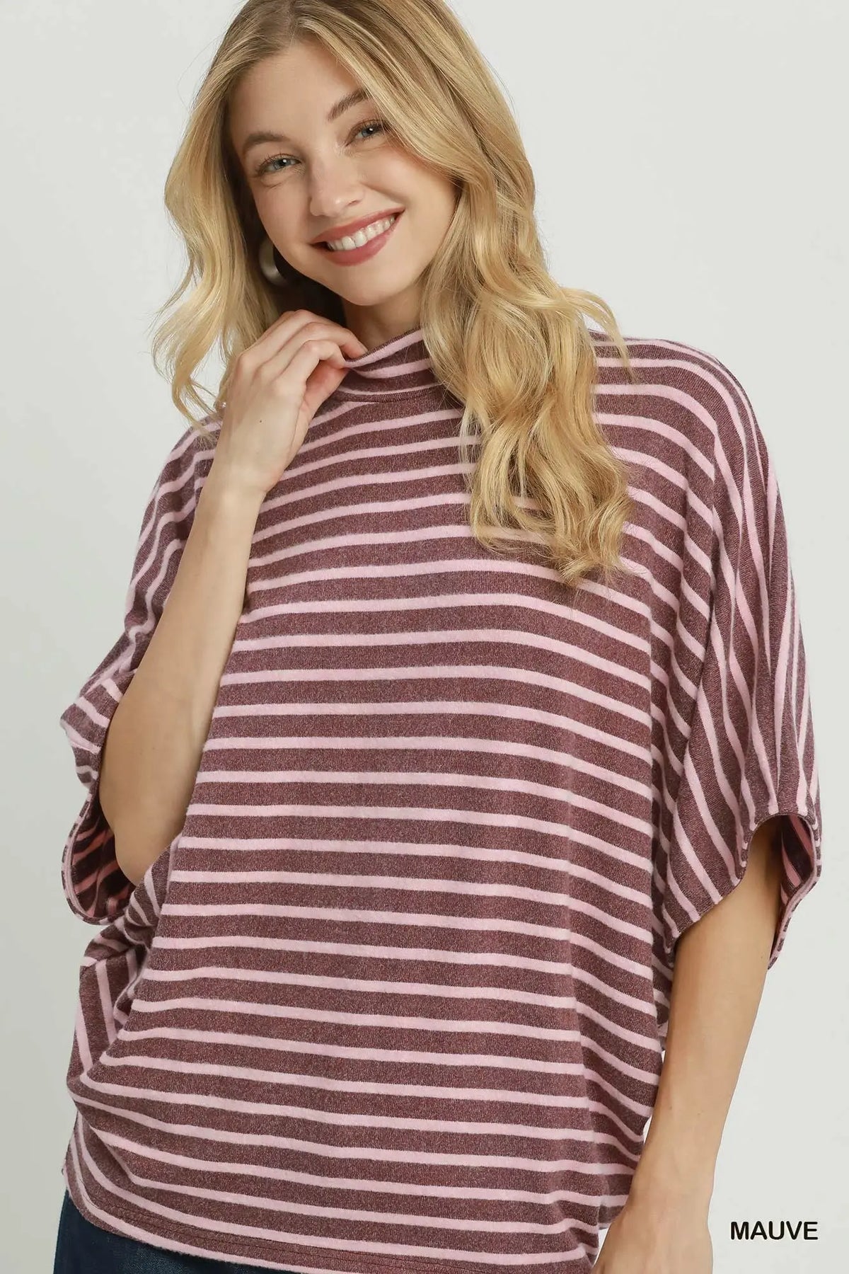 Striped Mock Neck Dolman Top