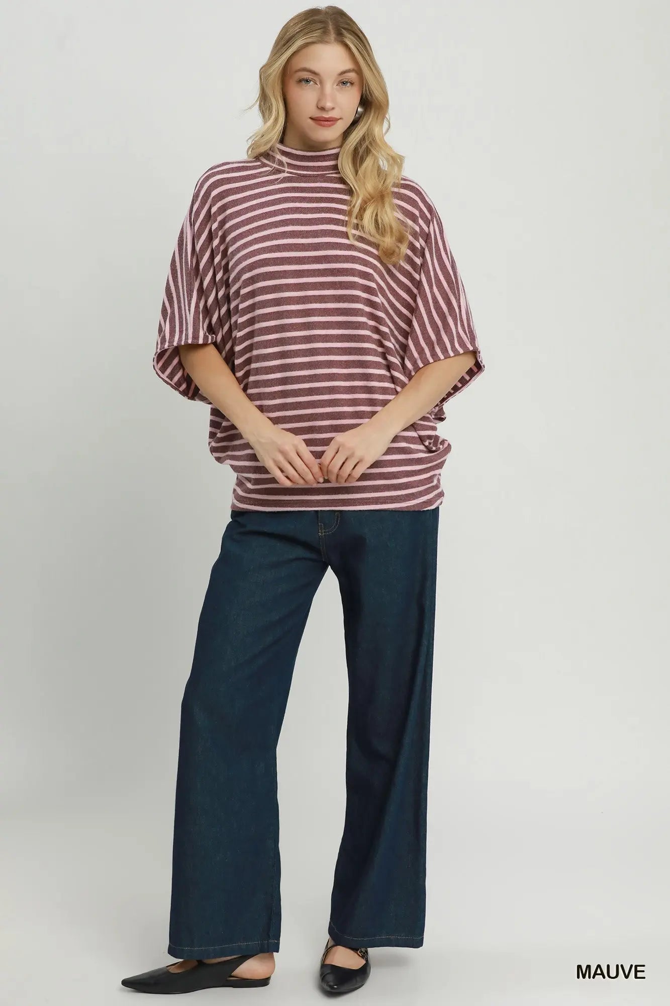 Striped Mock Neck Dolman Top