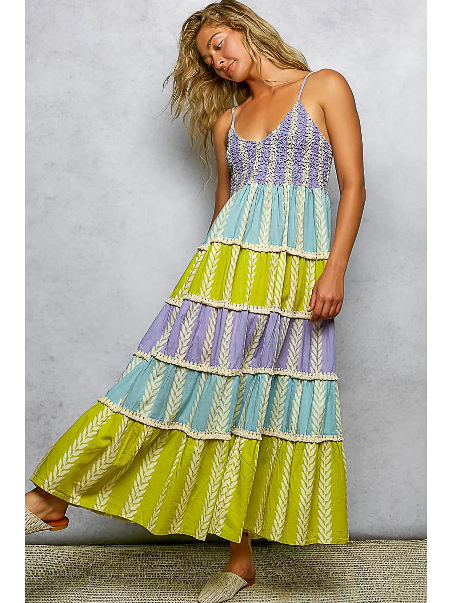 Shirred Ruffle Woven V-Neck Sleeveless Dress