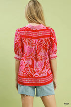 Tropical Print Puff Sleeve Blouse