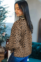 Brown Leopard Print Striped Trim Collar Pullover