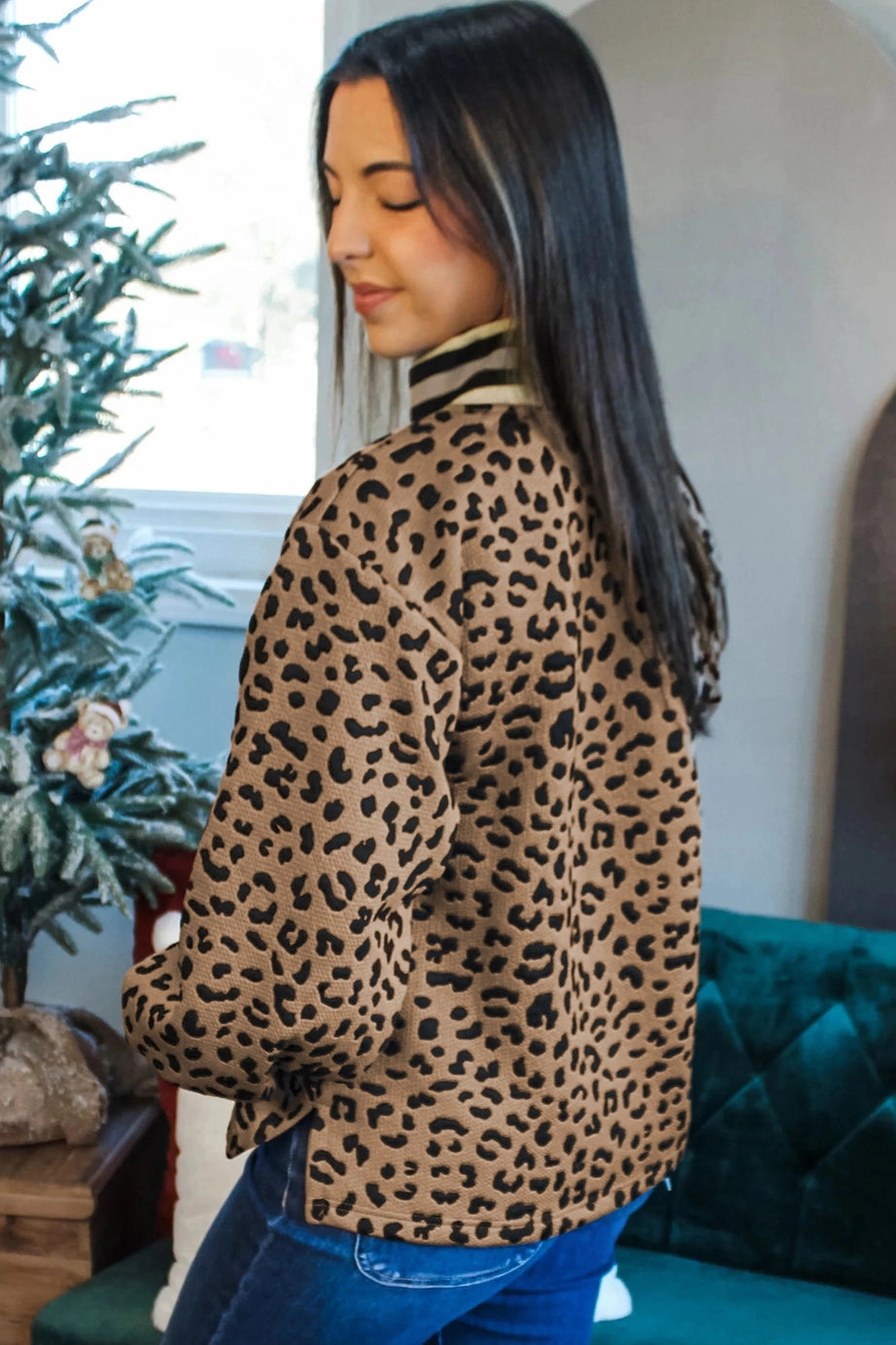 Brown Leopard Print Striped Trim Collar Pullover
