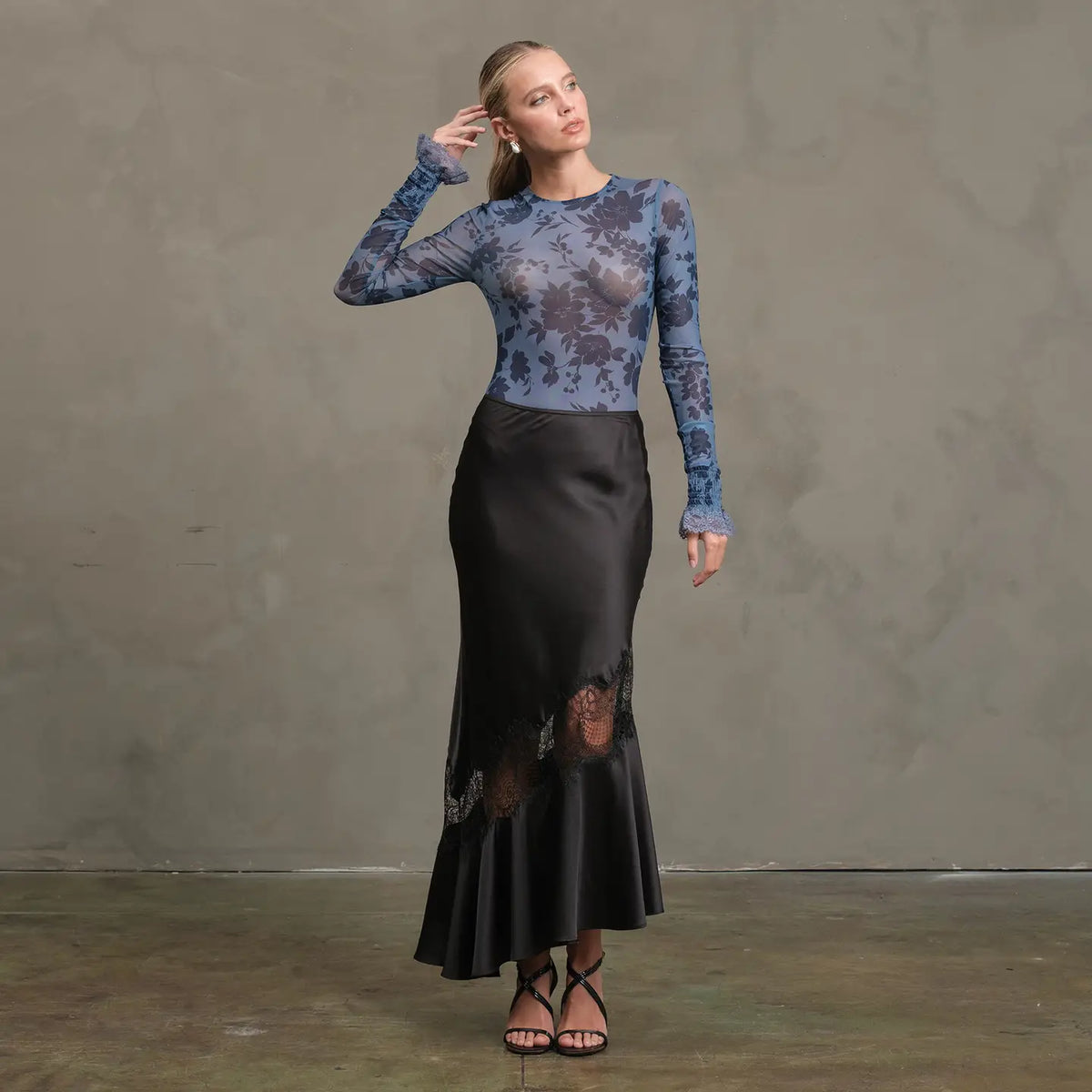 Satin Bias Lace Panel Skirt