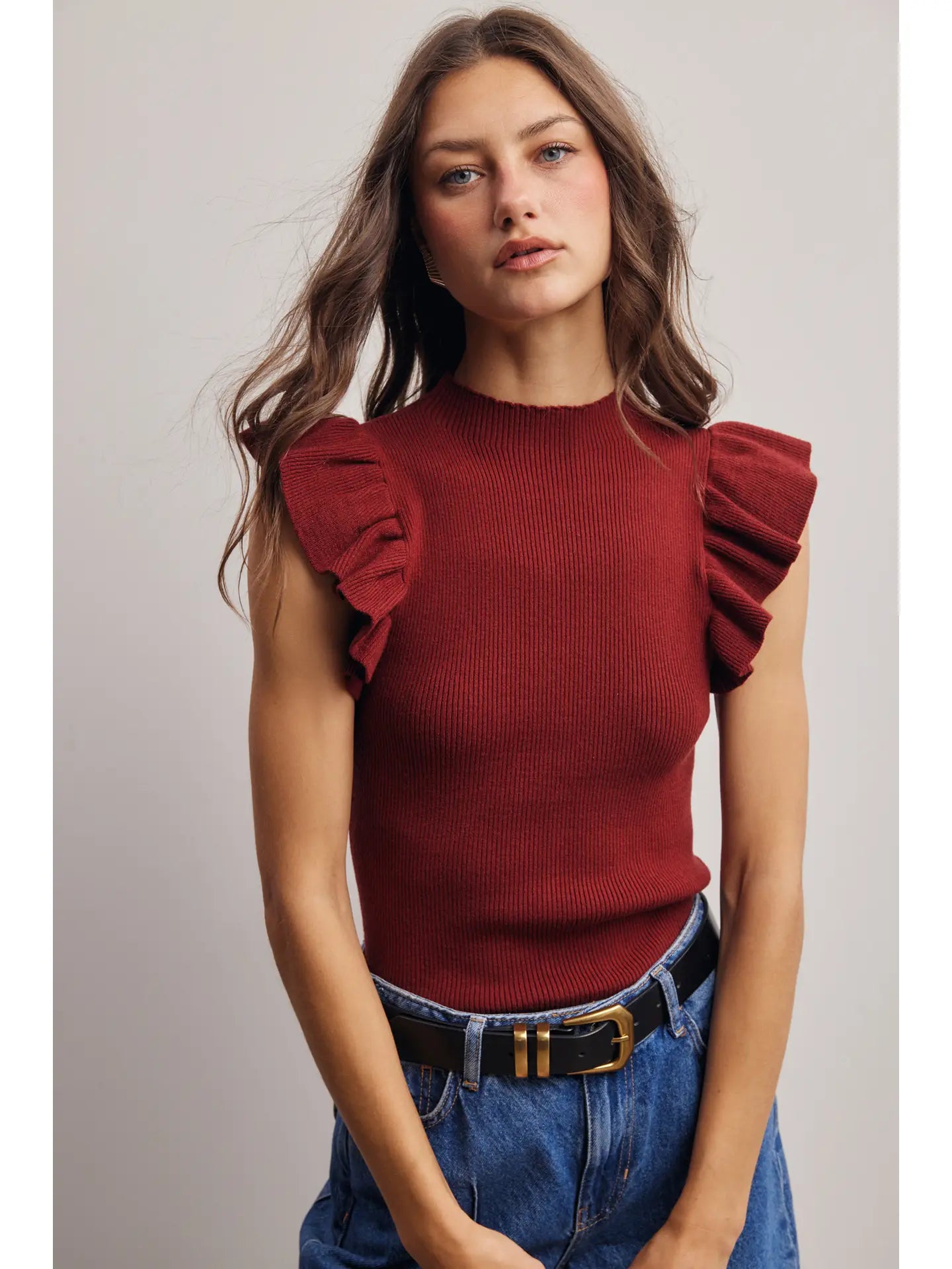 Ruffle Sleeve Rib Knit Top