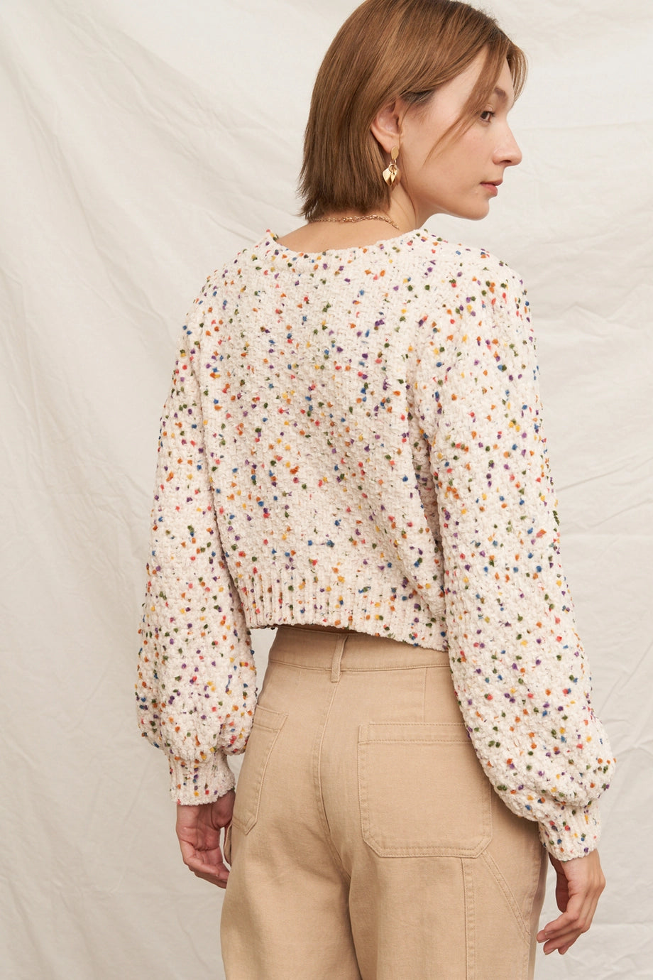 Puffed Sleeve Cropped Confetti Sweater