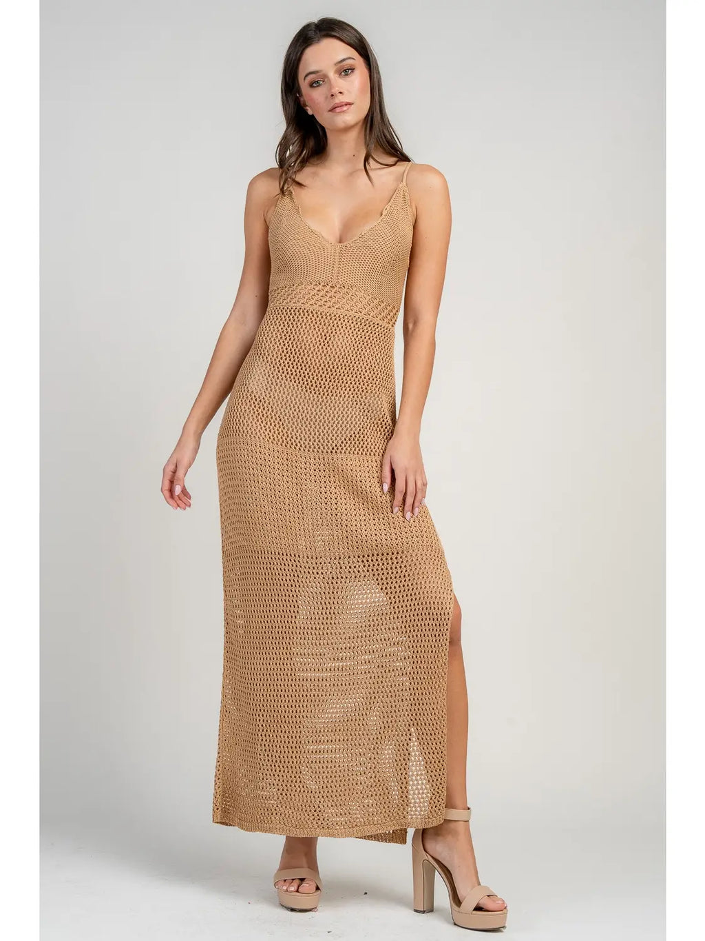 Deep V-Neck Knit Crochet Dress