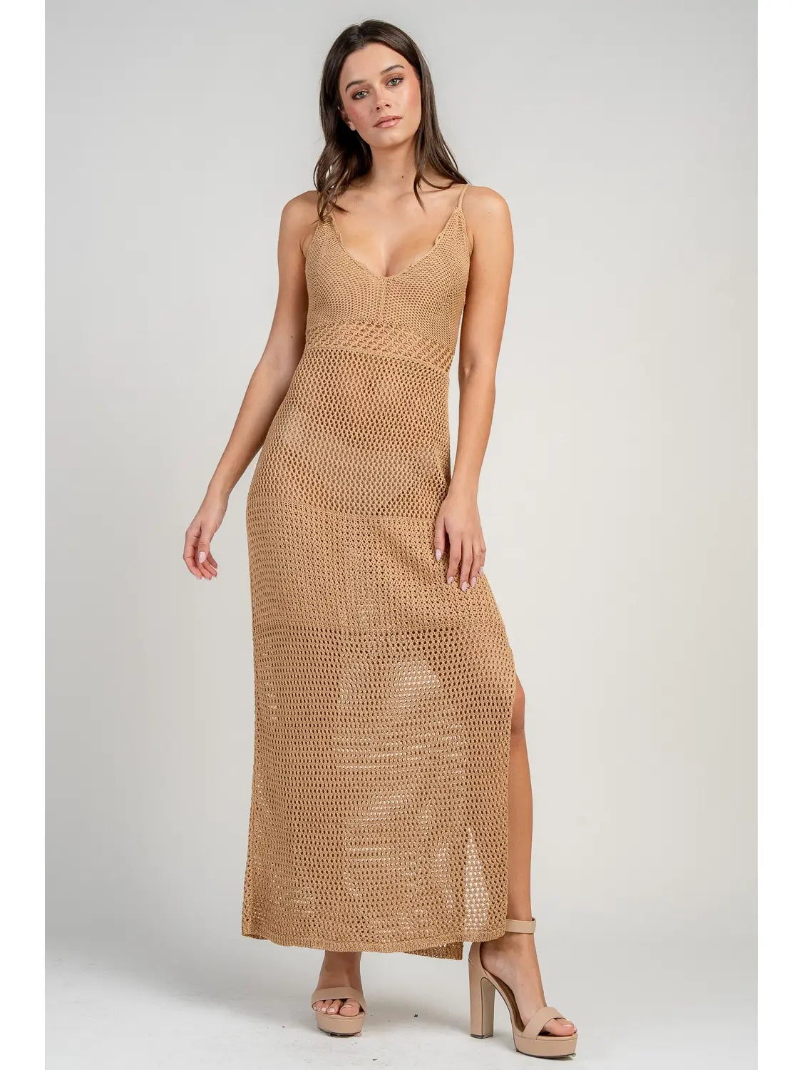 Deep V-Neck Knit Crochet Dress