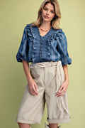 Plaid Pattern Washed Ruffle Denim Blouse