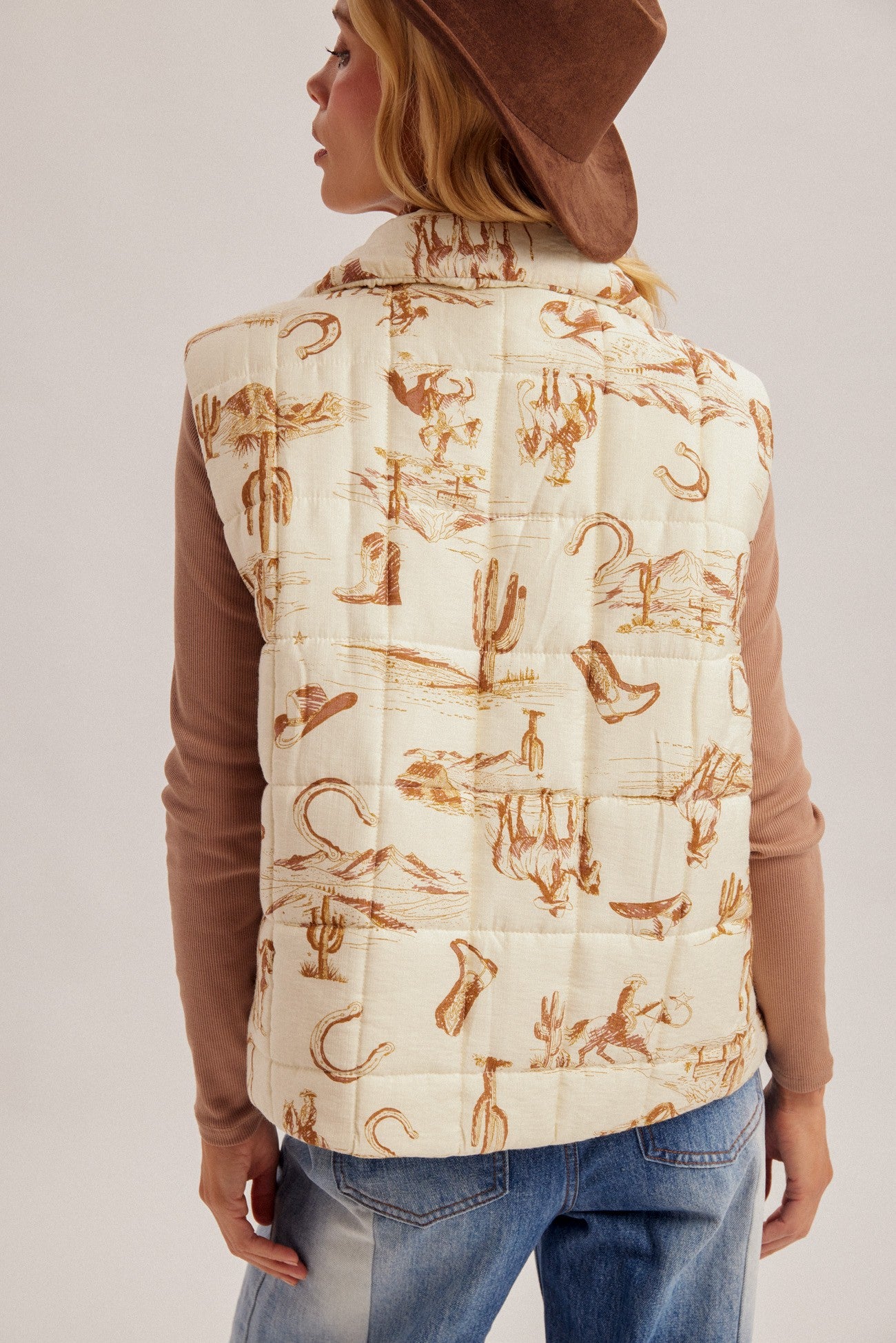 Zip Up Cowboy Print Puffer Vest