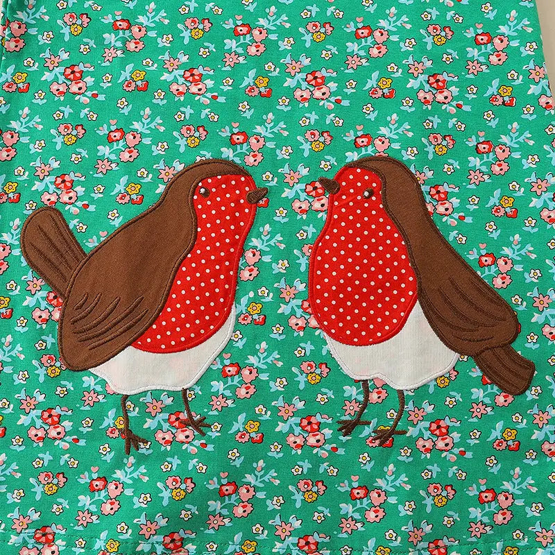 Kids Floral Print Long Sleeve Dress with Cartoon Embroidery