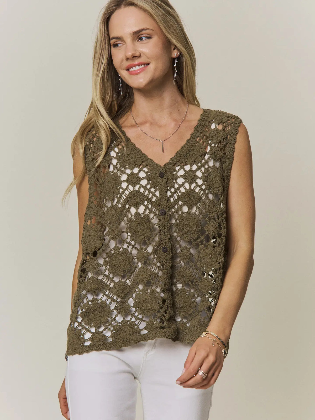 Boho Crochet Knit Button Vest Top