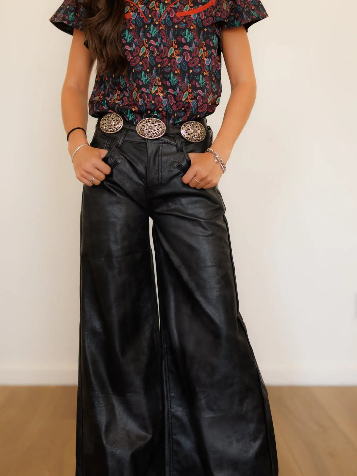Black Leather Smiley Wide Leg