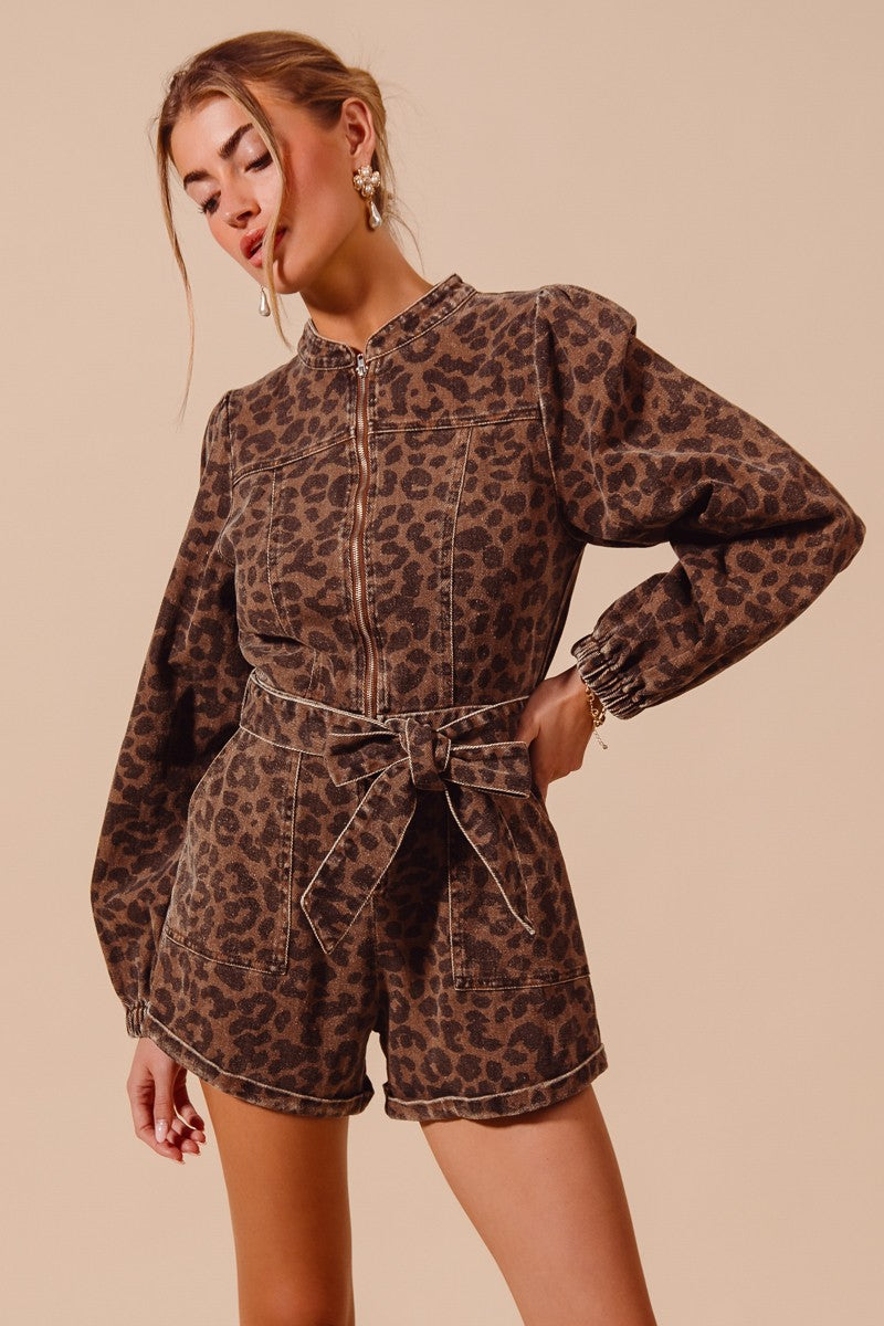 FRONT ZIP UP WASHED LEOPARD TWILL ROMPER