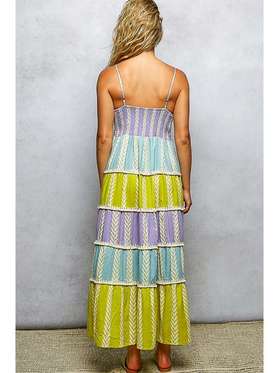 Shirred Ruffle Woven V-Neck Sleeveless Dress