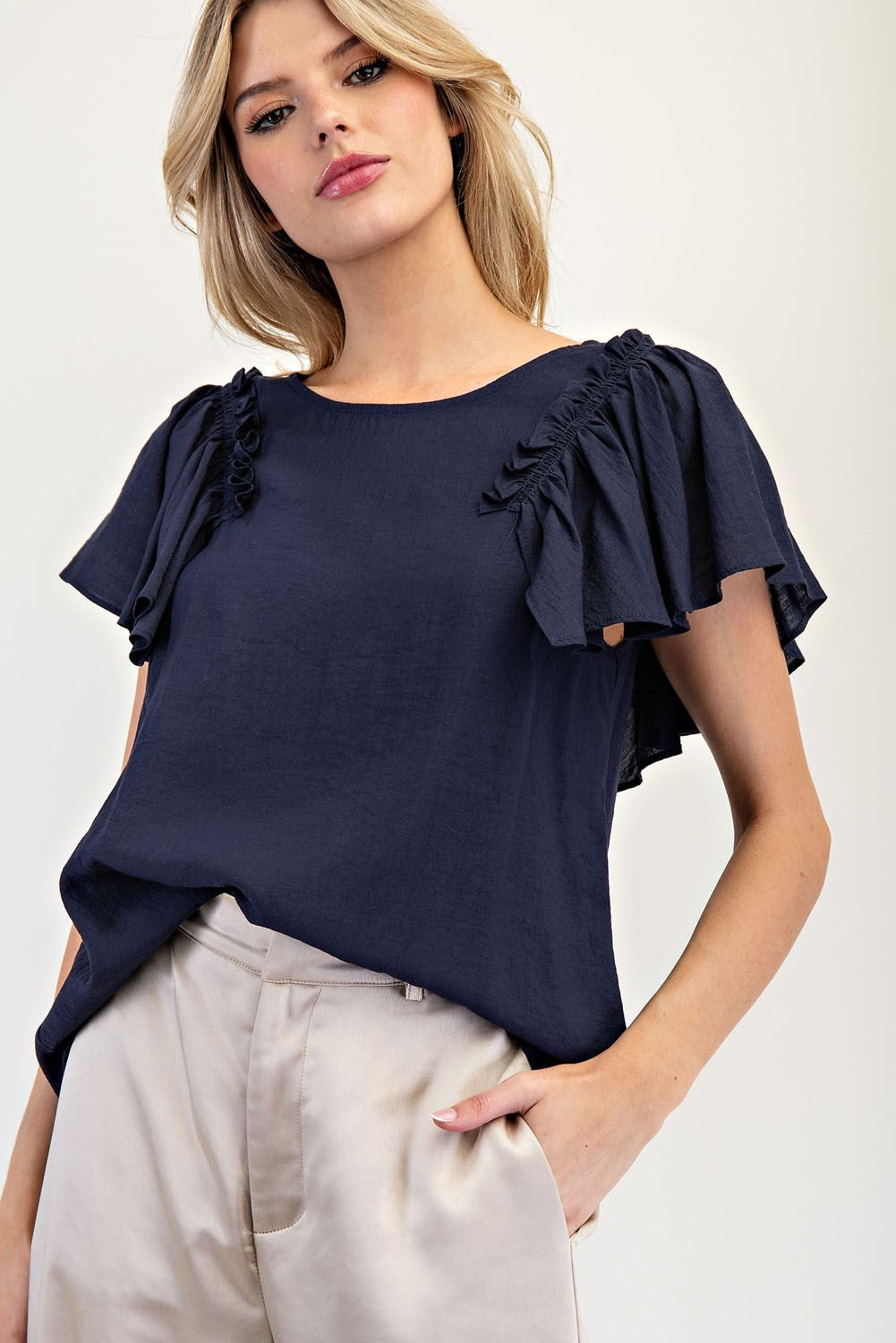 Solid Ruffle Short Sleeve Top