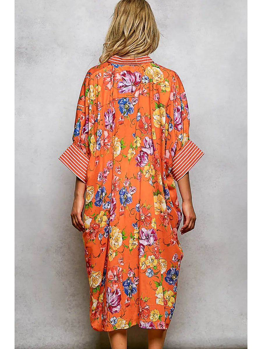 Short Sleeve Floral Printed Maxi Length Button Down Dress