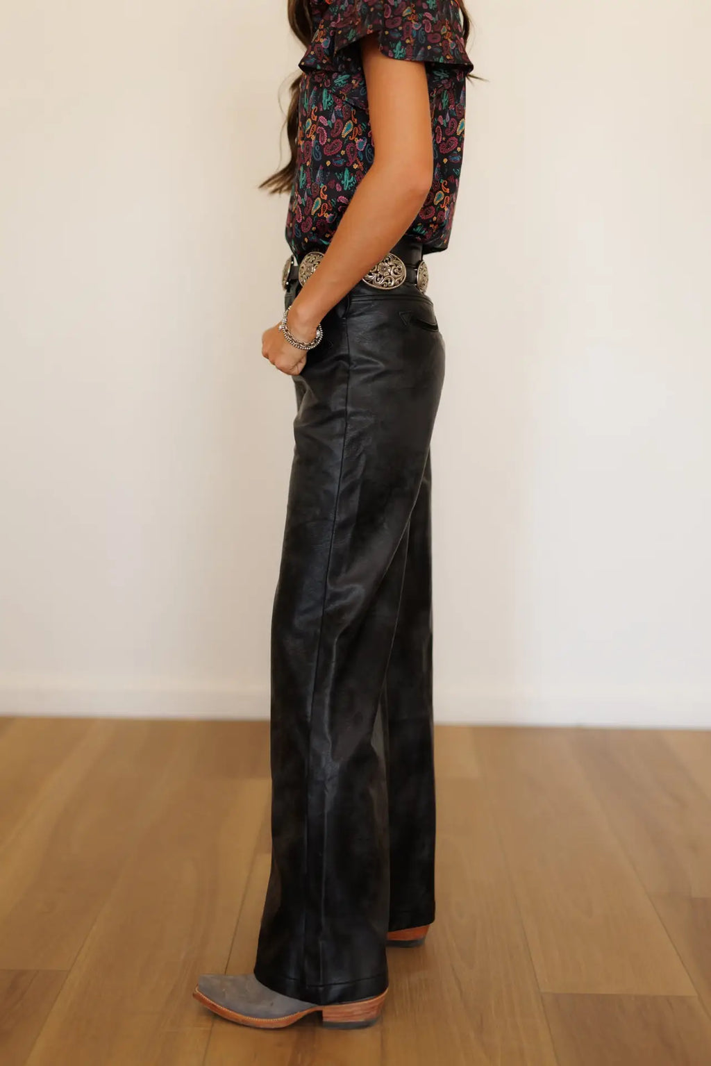 Black Leather Smiley Wide Leg