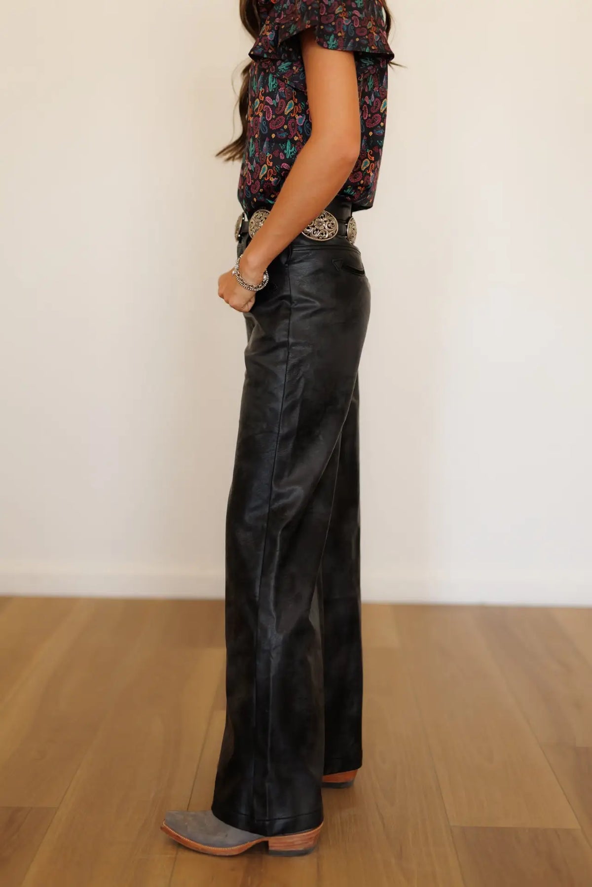 Black Leather Smiley Wide Leg