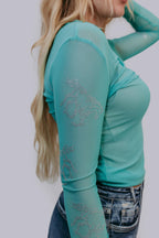 Rhinestone Embellished Mesh LS Top