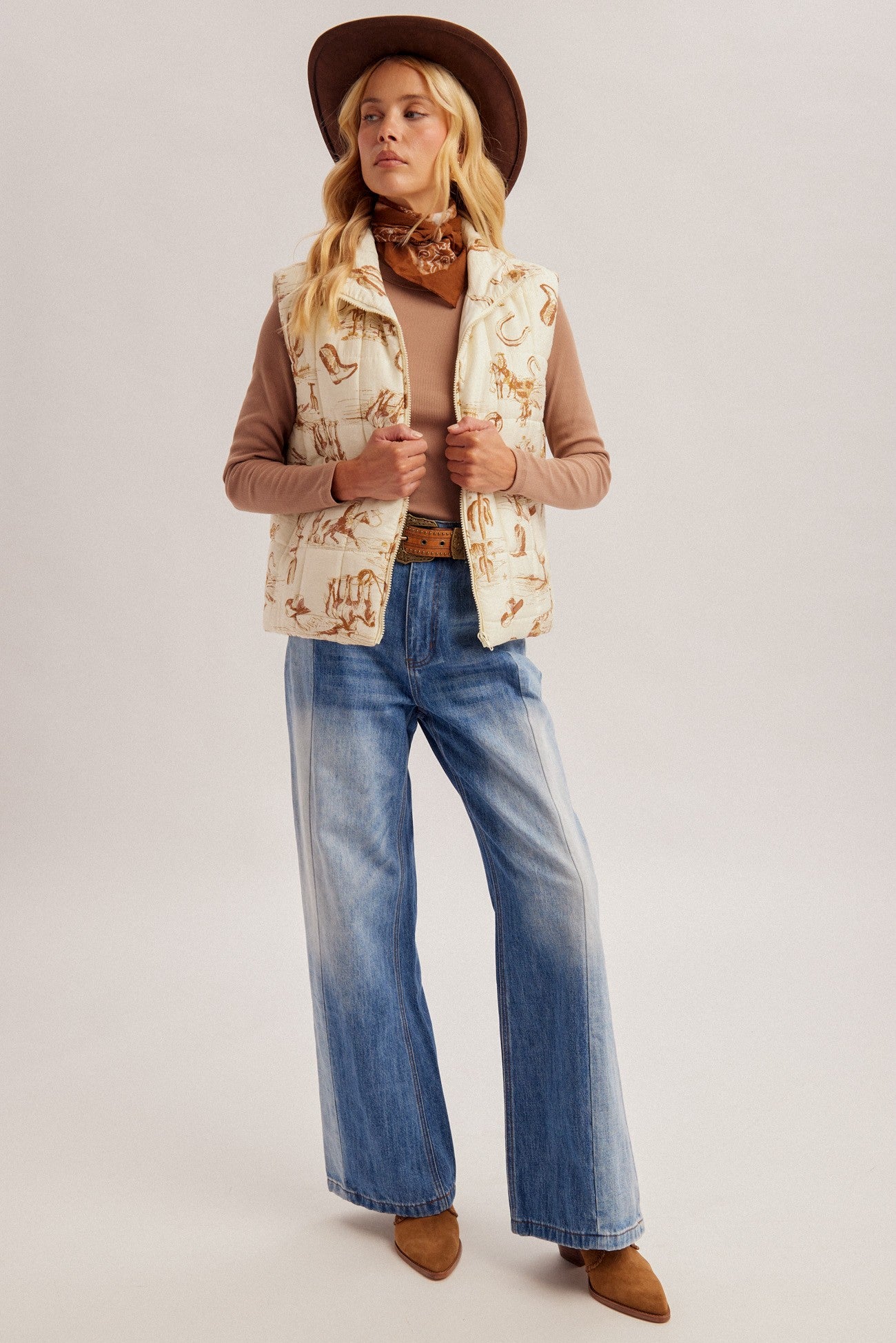 Zip Up Cowboy Print Puffer Vest