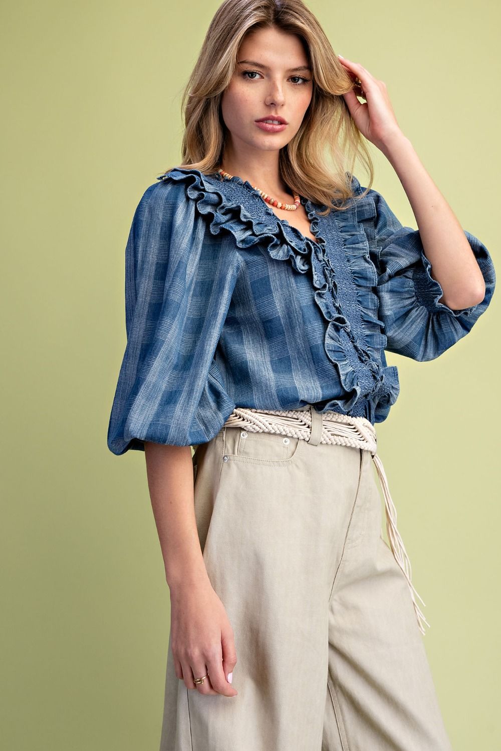 Plaid Pattern Washed Ruffle Denim Blouse