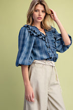 Plaid Pattern Washed Ruffle Denim Blouse