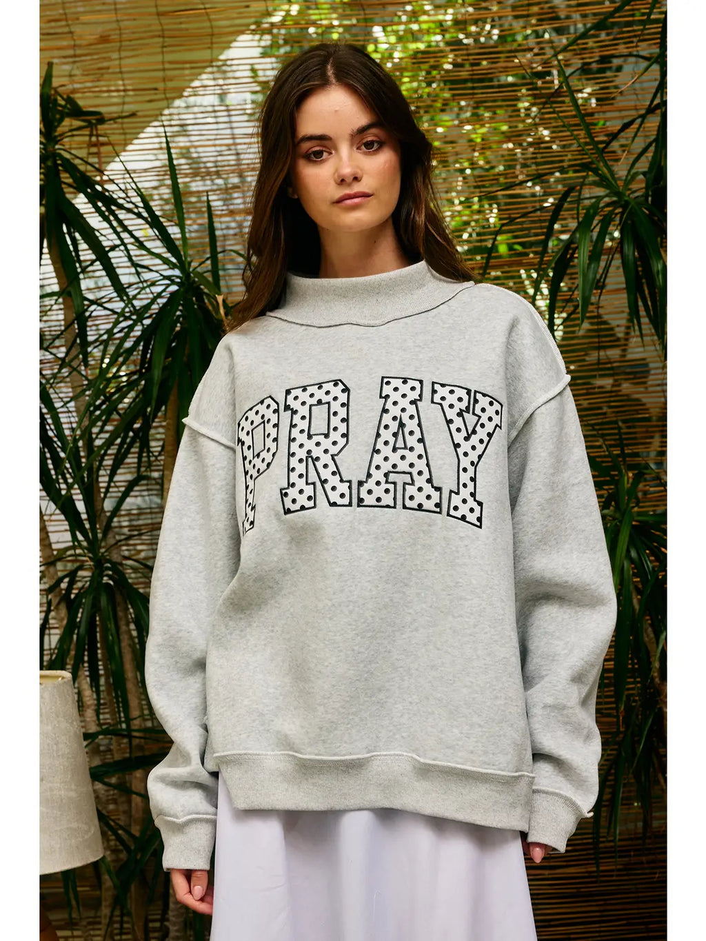 Embroidered "Pray" Mock Neck Sweatshirt