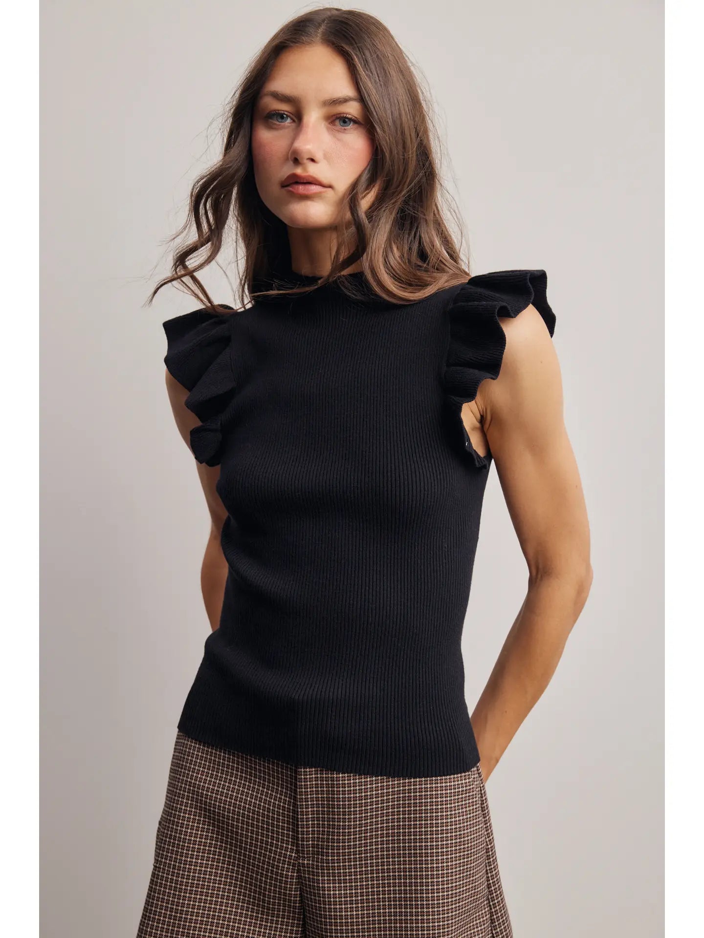 Ruffle Sleeve Rib Knit Top
