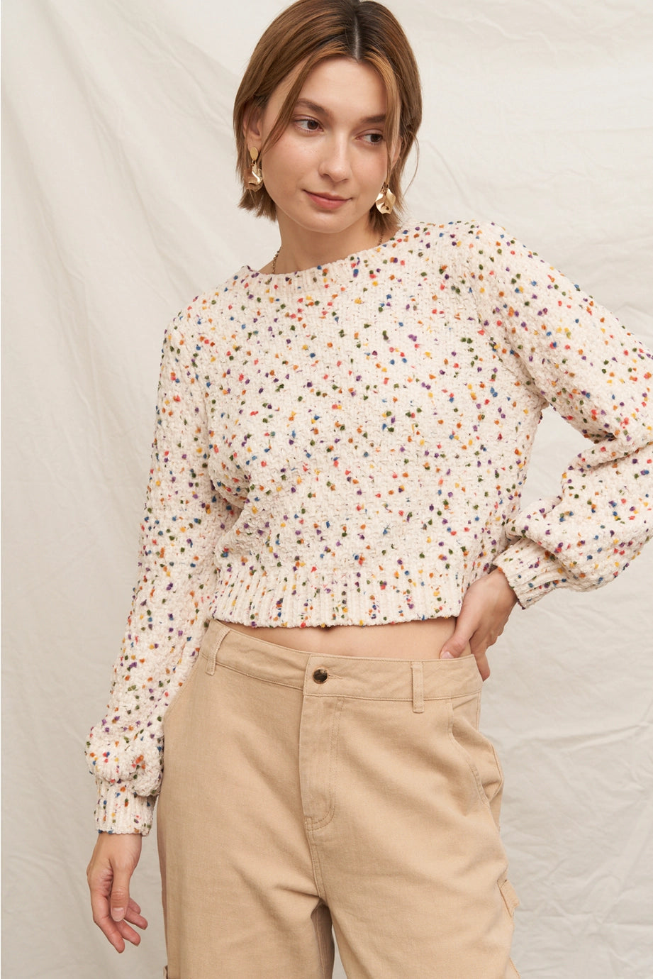 Puffed Sleeve Cropped Confetti Sweater