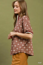 Jacquard Floral Textured Contrast Trim Pullover Top