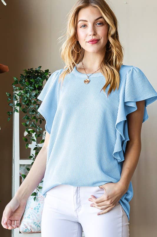 SHORT RUFFLED SLEEVE SOLID URBAN RIBBED TOP