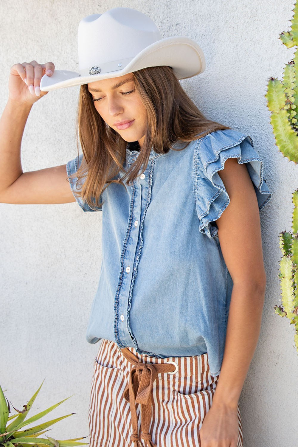 Washed Ruffle Trim Flutter Sleeve Chambray Blouse
