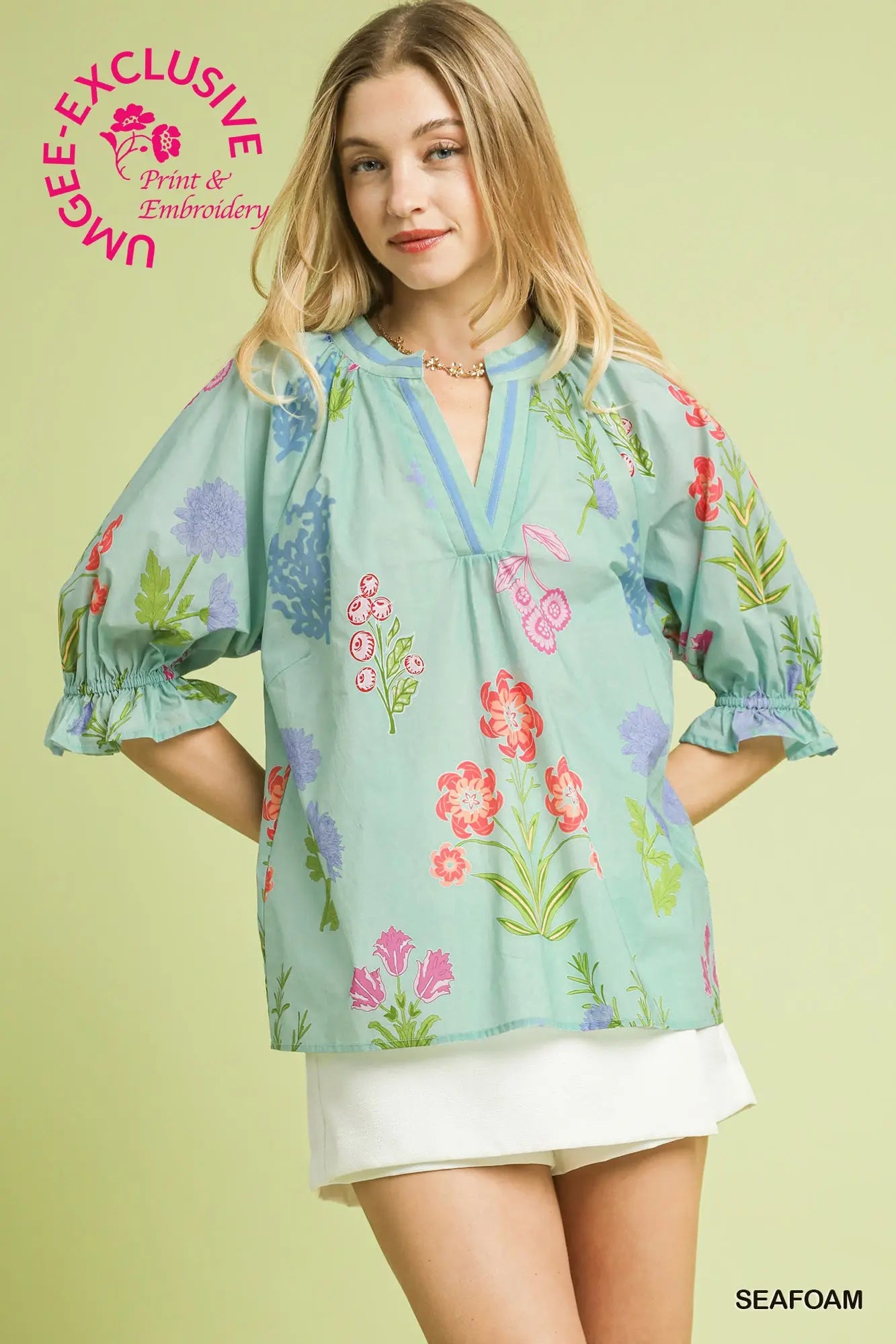 Floral Split Neck Puff Sleeve Top