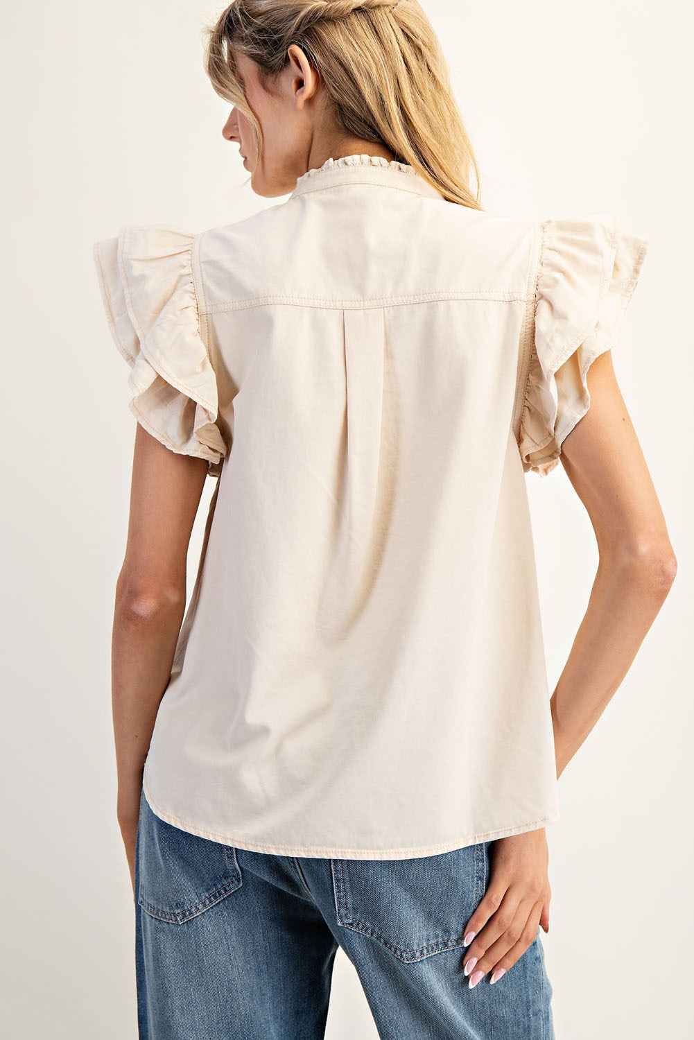 Washed Ruffle Trim Flutter Sleeve Blouse